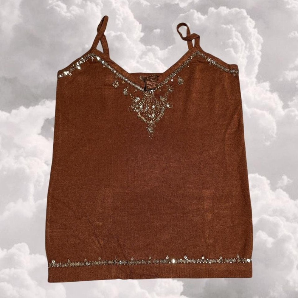Y2K silk brown boho silver sequin tank top size M